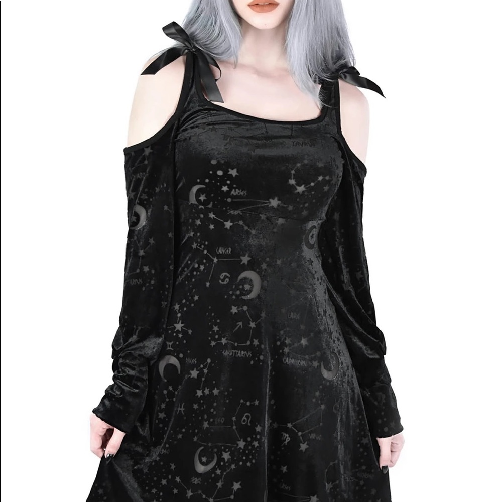 Killstar Black Velvet Celestial Cold-Shoulder Midi Dress